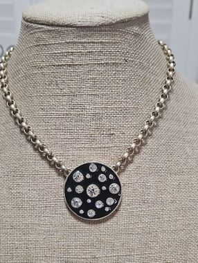 Silver-Tone Necklace with Black Disc and Crystal Accents
